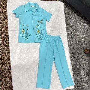Blue Floral Embroidered Shirt and Pants Set